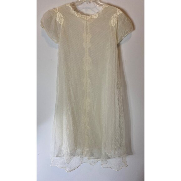 Vintage Ivory Lace Long Sheer Gown Robe Pearl Buttons & Puff Sleeves - Picture 3 of 11